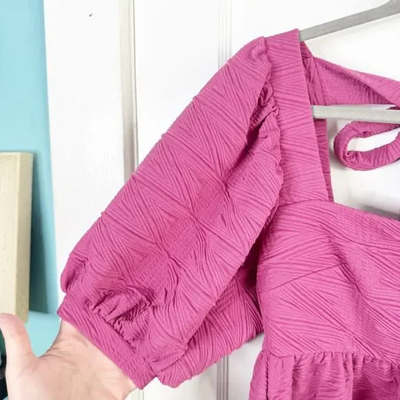 Free People Violet Mini Dress Puff Sleeves Textured Fabric Babydoll Pleated XS - Picture 6 of 13